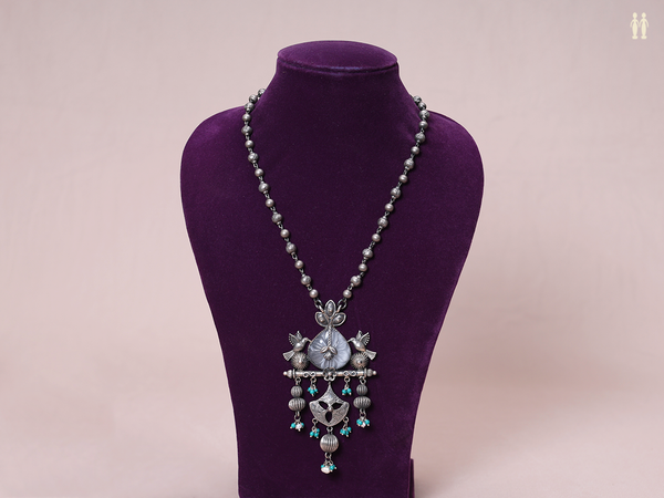 Oxidized With Beads Pure Silver Long Necklace
