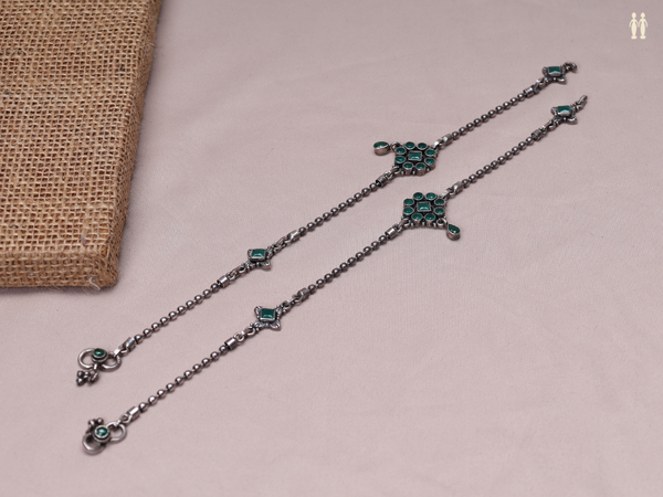 Pair Of Emerald Stone Pure Silver Anklets