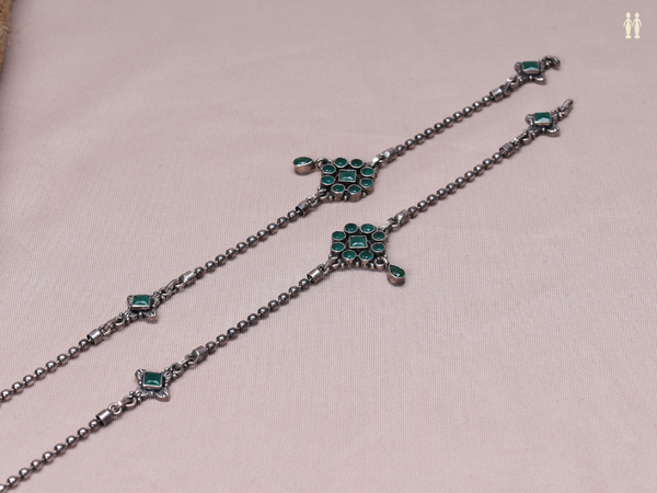 Pair Of Emerald Stone Pure Silver Anklets