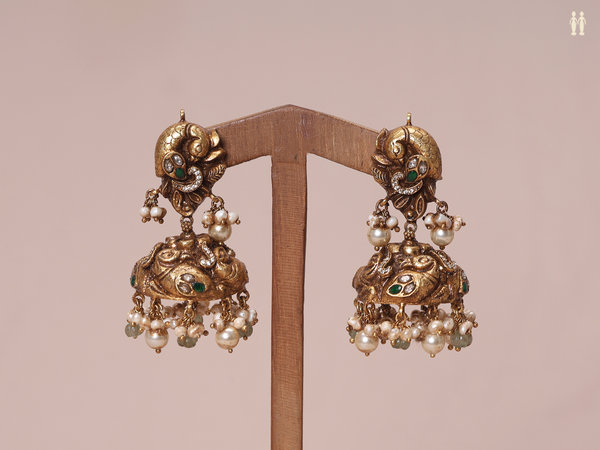 Peacock Design With Beads Gold Plated Pure Silver Jhumkas