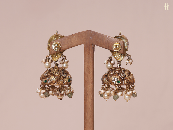 Peacock Design With Beads Gold Plated Pure Silver Jhumkas