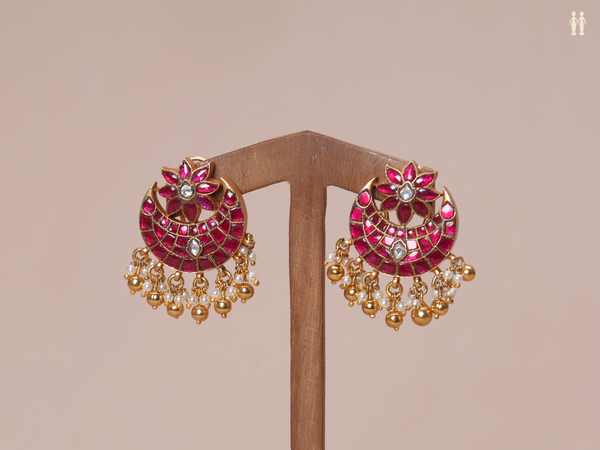 Pink Kundan Stone With Chandbali Design Pure Silver Earrings