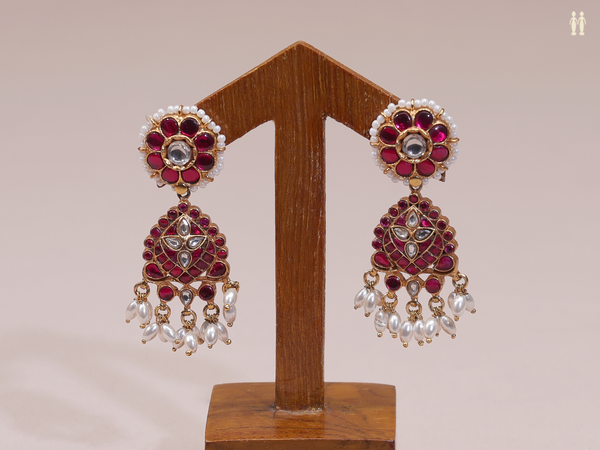 Pink Kemp Stone With Beads Gold Plated Pure Silver Earrings