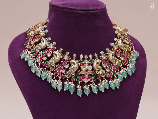 Peacock Design With Tricolor Stone Pure Silver Necklace
