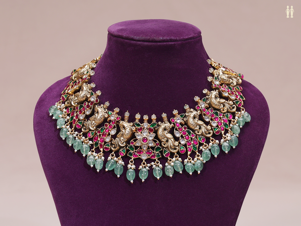Peacock Design With Tricolor Stone Pure Silver Necklace