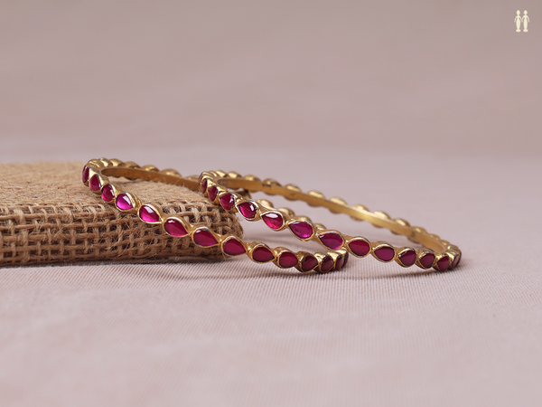 Pink Stone Gold Plated Pure Silver Bangles