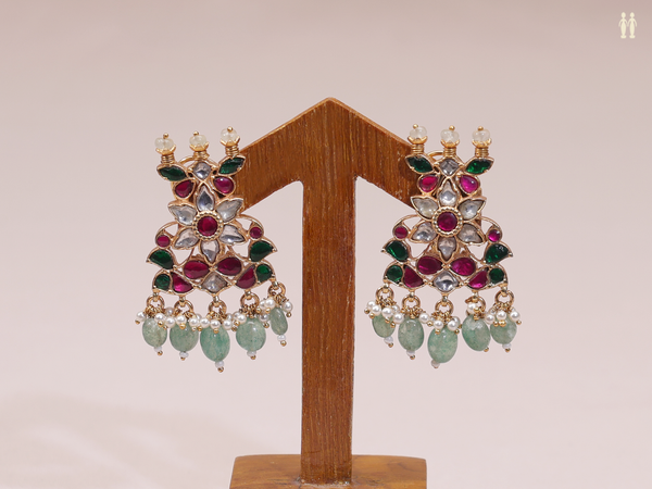 Multicolor Stone With Beads Gold Plated Pure Silver Earrings