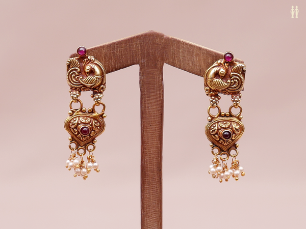 Peacock Design With Beads Gold Plated Pure Silver Earrings