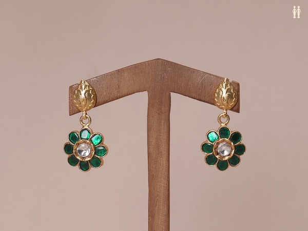 Green Stone With Floral Design Pure Silver Earrings