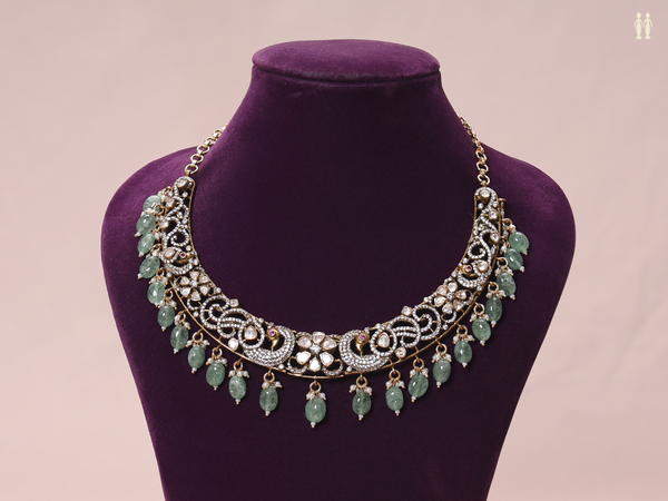 Crystal Stone With Beads Gold Plated Pure Silver Necklace