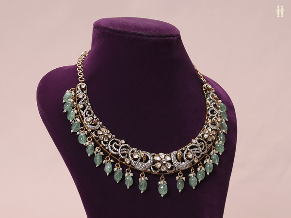 Crystal Stone With Beads Gold Plated Pure Silver Necklace