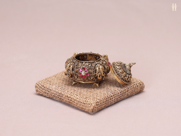Ganesha And Floral Design Gold Plated Silver Kunguma Chimil