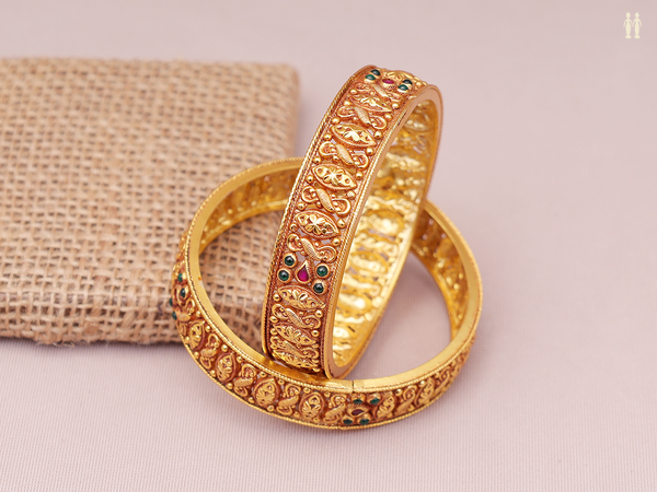 Green And Pink Stone Gold Plated Pure Silver Bangles