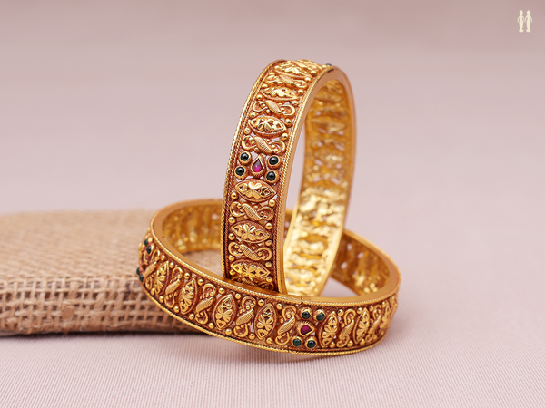 Green And Pink Stone Gold Plated Pure Silver Bangles