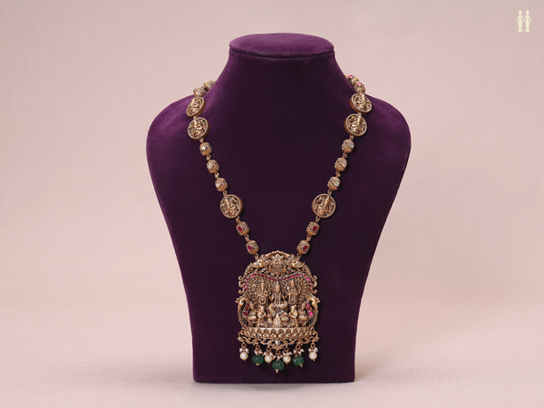 Antique Design With Beads Gold Plated Silver Long Necklace