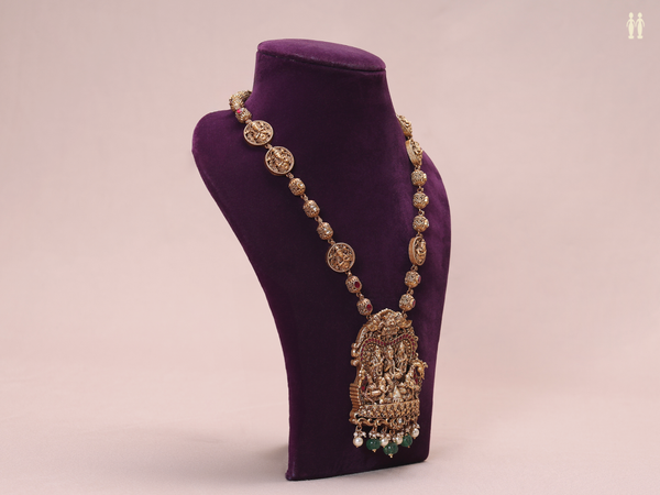 Antique Design With Beads Gold Plated Silver Long Necklace