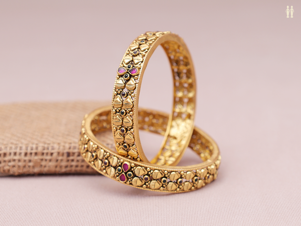 Pink Kemp Stone Gold Plated Pure Silver Bangles