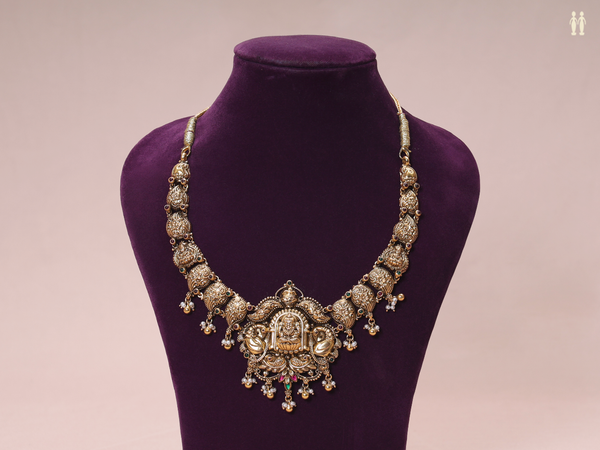 Antique Design With Beads Gold Plated Pure Silver Necklace
