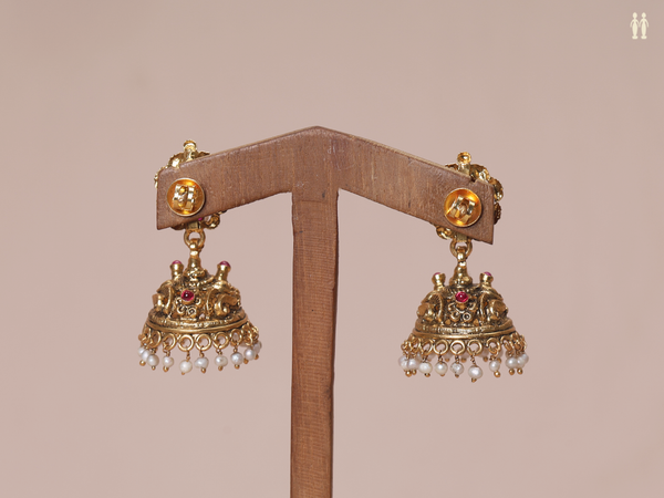 Antique Design With Beads Gold Plated Pure Silver Jhumkas