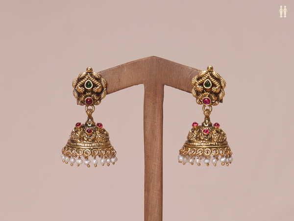 Antique Design With Beads Gold Plated Pure Silver Jhumkas