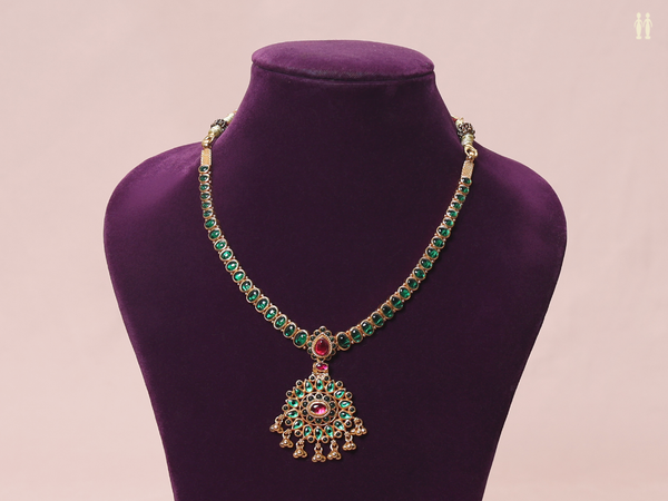 Green And Pink Stone With Gold Plated Silver Necklace