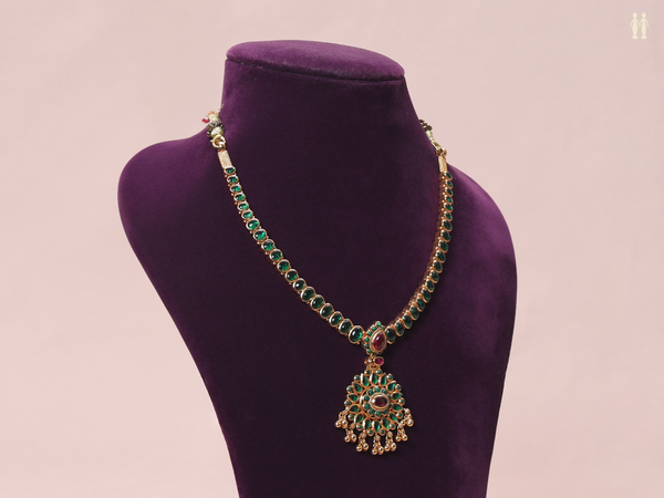 Green And Pink Stone With Gold Plated Silver Necklace