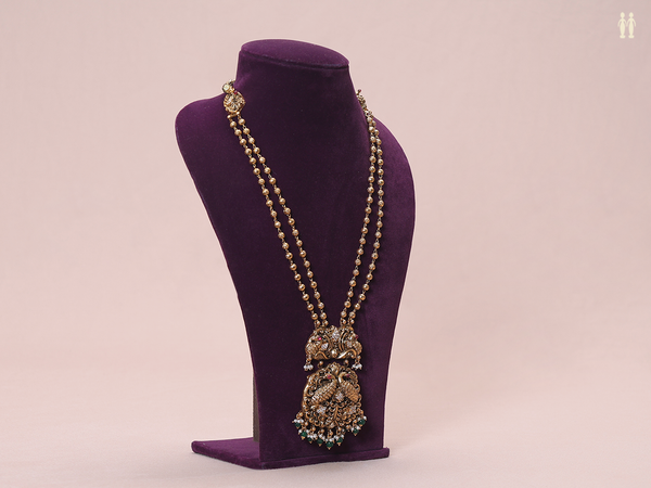Antique Design With Beads Gold Plated Silver Long Necklace