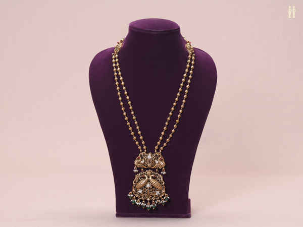 Antique Design With Beads Gold Plated Silver Long Necklace