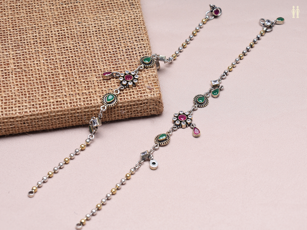 Pair Of Floral Design Gold Plated Pure Silver Anklets