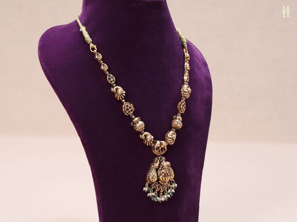 Antique Design With Beads Gold Plated Silver Long Necklace