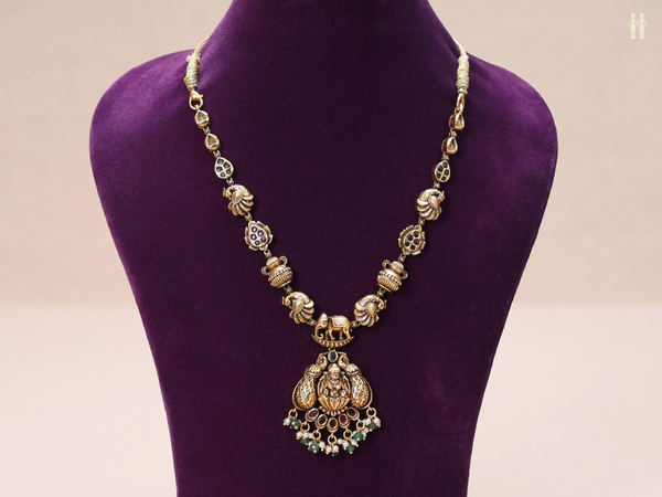 Antique Design With Beads Gold Plated Silver Long Necklace