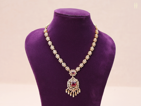 Crystal And Pink Stone Floral Design Pure Silver Necklace