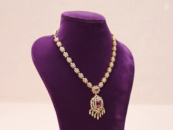 Crystal And Pink Stone Floral Design Pure Silver Necklace