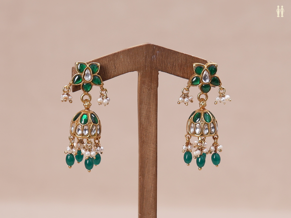 Crystal And Emerald Stone Gold Plated Pure Silver Jhumkas