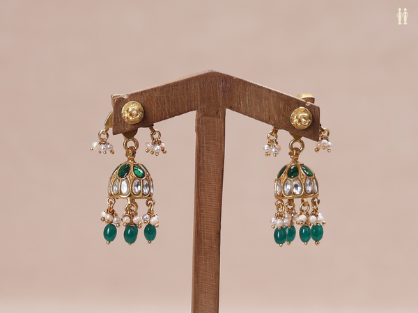 Crystal And Emerald Stone Gold Plated Pure Silver Jhumkas