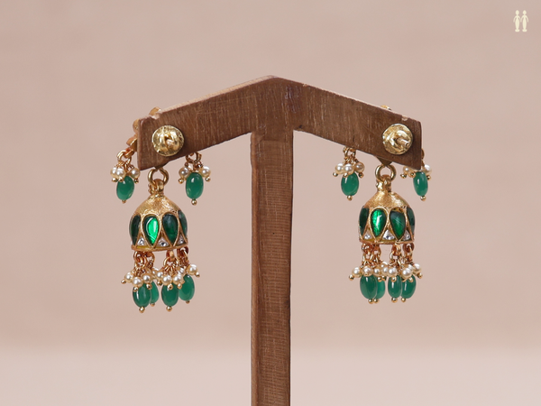 Floral Design With Kemp Stone Gold Plated Pure Silver Jhumkas