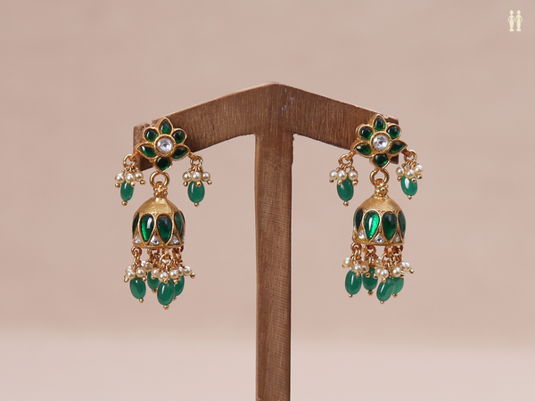 Floral Design With Kemp Stone Gold Plated Pure Silver Jhumkas