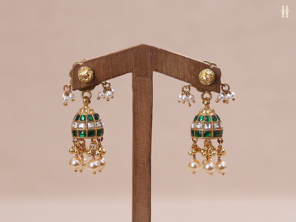 Crystal And Emerald Stone Gold Plated Pure Silver Jhumkas