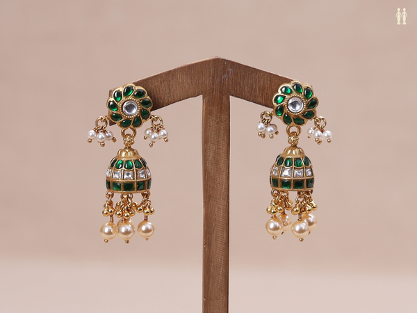 Crystal And Emerald Stone Gold Plated Pure Silver Jhumkas