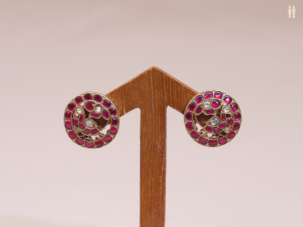Chakram Design With Pink Stone Gold Plated Pure Silver Earrings