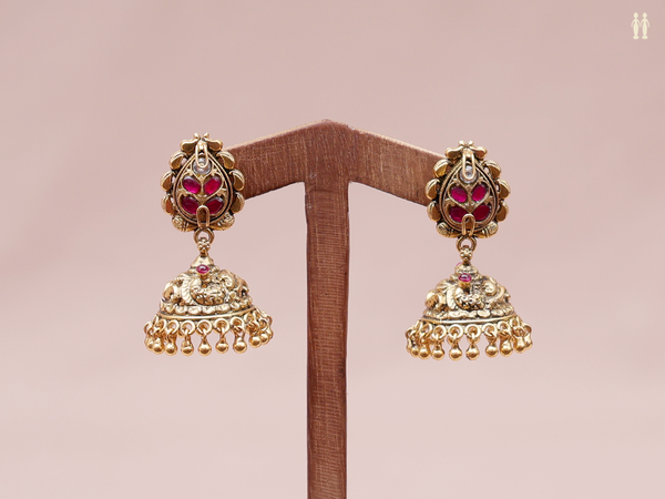 Pink Stone Antique Design Gold Plated Silver Jhumkas