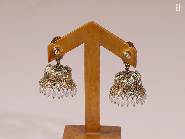 Antique Design With Beads Gold Plated Pure Silver Earrings