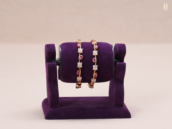 Pink And Crystal Stone Gold Plated Pure Silver Bangles
