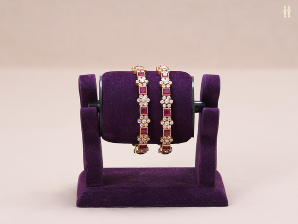 Pink And Crystal Stone Gold Plated Pure Silver Bangles
