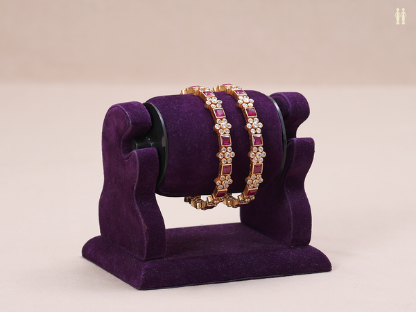 Pink And Crystal Stone Gold Plated Pure Silver Bangles