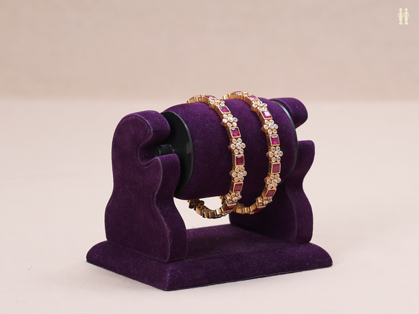 Pink And Crystal Stone Gold Plated Pure Silver Bangles