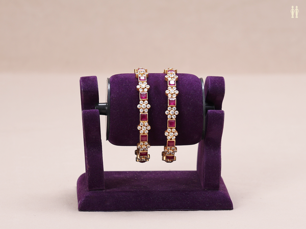 Pink And Crystal Stone Gold Plated Pure Silver Bangles