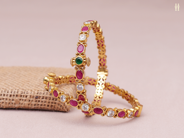 Tri Color Stone Gold Plated Pure Silver Screw Bangles