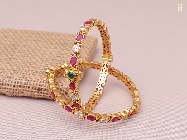 Tri Color Stone Gold Plated Pure Silver Screw Bangles