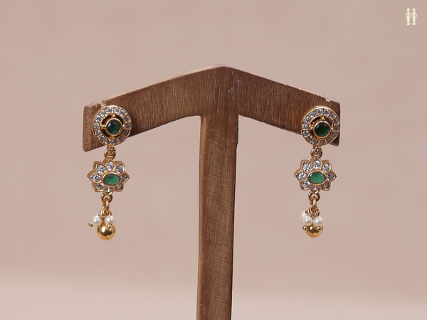 Crystal And Emerald Stone Gold Plated Pure Silver Earrings